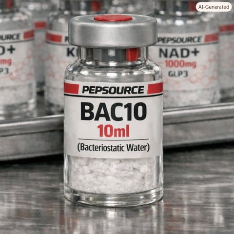 A Pepsource BAC10 bacteriostatic water vial labeled 10ml with red cap, displayed among other similar bottles