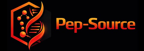 Pep-Source logo featuring an orange hexagon shield with DNA helix and molecular dots on black background